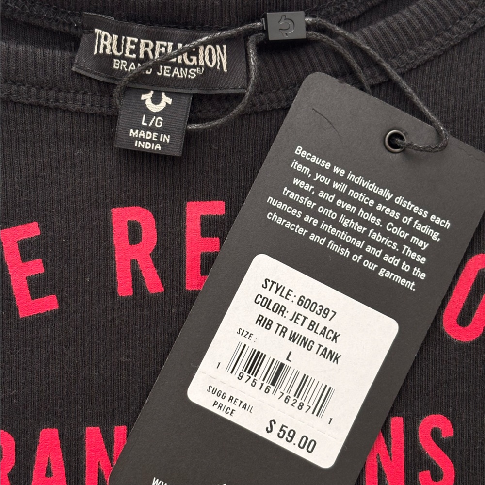TRUE RELIGION Black Ribbed Wing World Tour Tank Top--NWT--L - Picture 10 of 13
